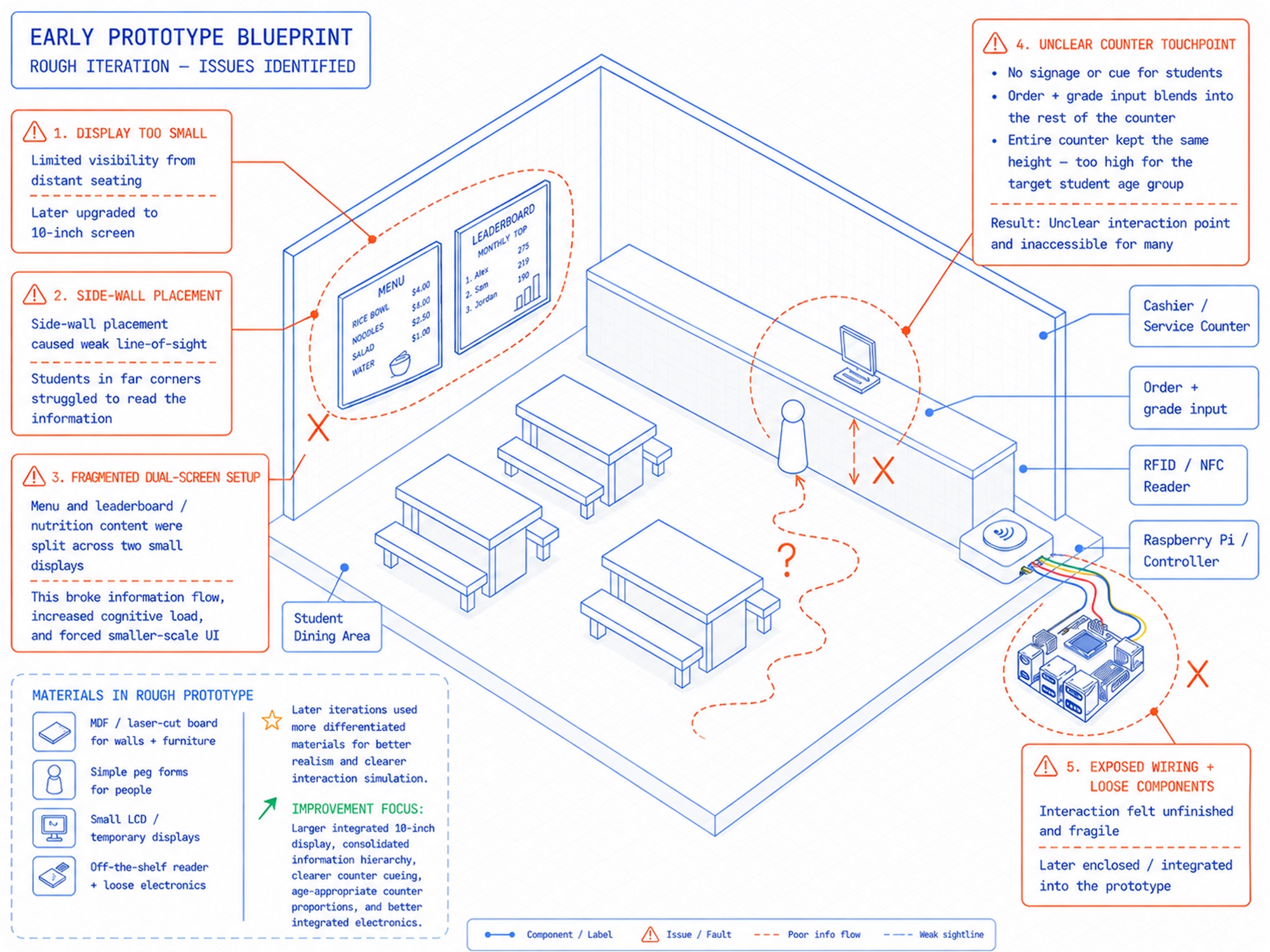 Early prototype blueprint with five issues annotated: a display too small to read from distant seating, side-wall placement causing weak sightlines, a fragmented dual-screen setup, an unclear counter touchpoint, and exposed wiring.