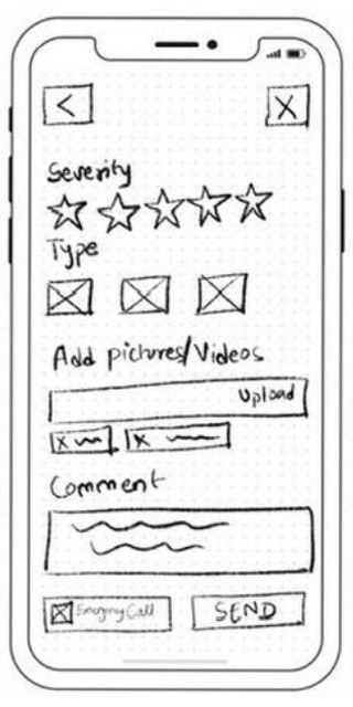 Wireframe of report details: severity stars, type, upload pictures or videos, comment and Send.