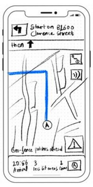 Wireframe of live navigation: turn-by-turn directions, the route on a map, and a geo-fence warning.