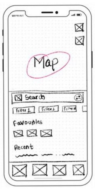Wireframe of Explore: a map, a search field with filters, favourites and recent places.