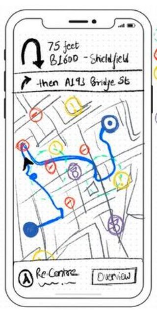 Wireframe of the route with hazards, roadblocks, geo-fences and police marked on the map.