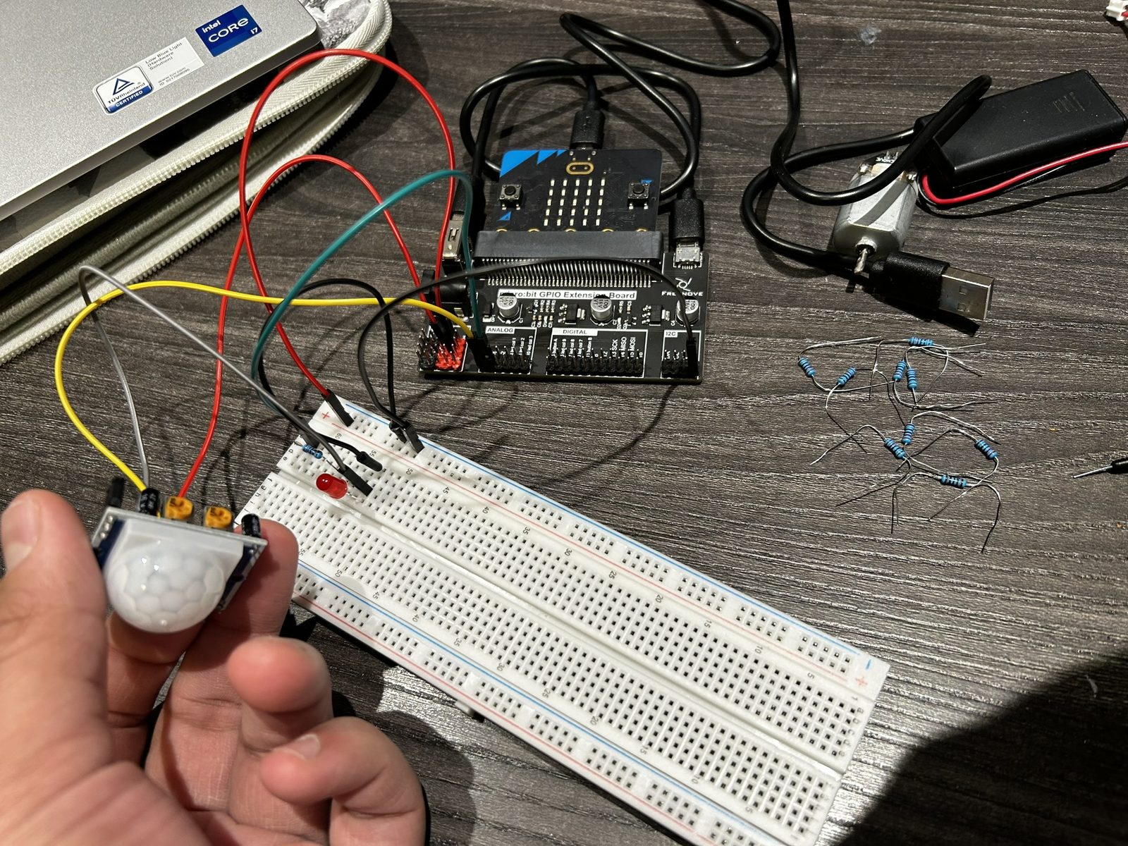 Wiring the PIR sensor into the breadboard alongside the micro:bit.