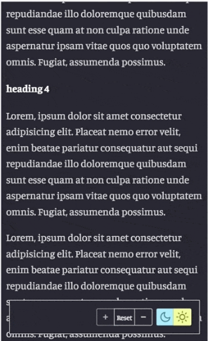 An accessibility toolbar overlaid on a page of body text, with text-size plus/minus/reset controls and a light/dark theme toggle.